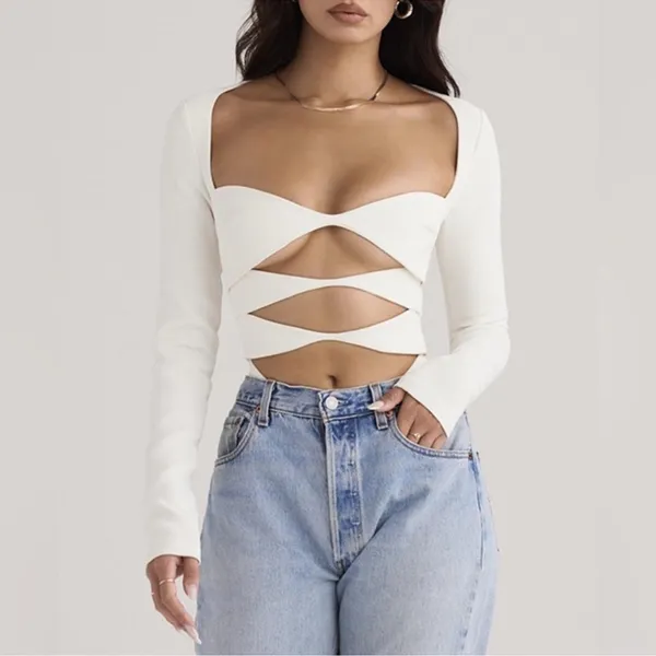 NWOT HOUSE OF CB Danica White Cutout Bodysuit long sleeves sz S - Image 2