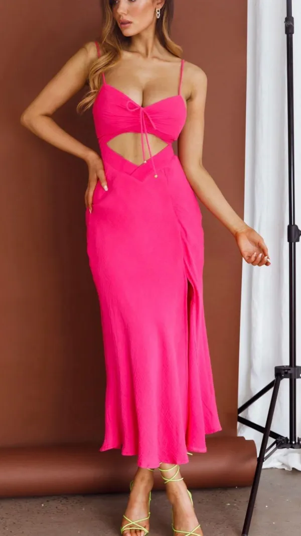 Twin Flame Drawstring Bust Midi Dress in Hot Pink - Image 3
