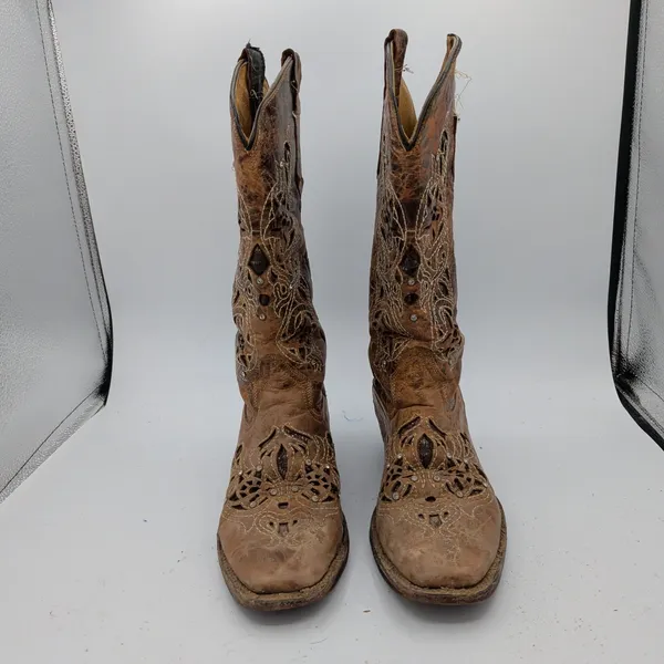 Seven Stars Womens Distressed Leather Cutout Crystal Studded Western Boots 8.5 - Image 4