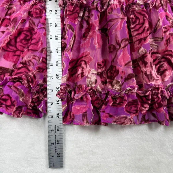 o.p.t Womens Floral Burnout Velvet Mini Dress Magenta Pink Smocked‎ Waist XS - Image 6