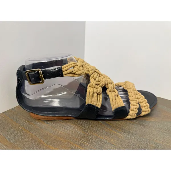Tory Burch Women's Size 8 Macrame Woven Strappy Flat Sandals Black Tan - Image 5