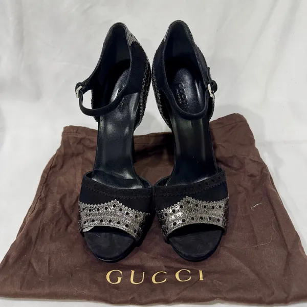 Gucci Black Suede Metallic Python Brogue Ankle-Strap Heels EU 39 - Image 2