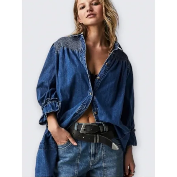 Free People Western Bohemian Vanessa Denim Tunic Top Shirt Dress Size Medium - Image 3