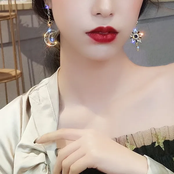 Asymmetrical Celestial Moon & Star Drop Earrings - Horoscope, Bling, Sparkle - Image 5