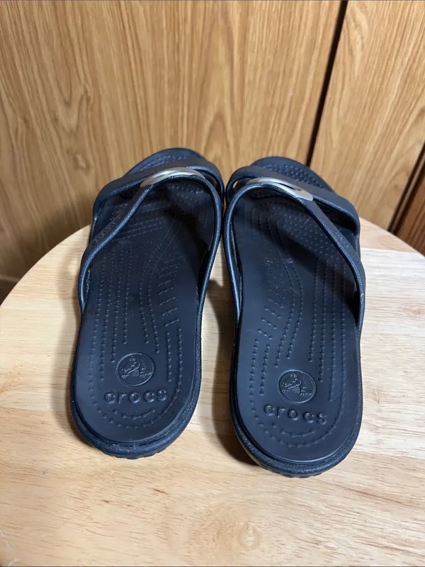 CROCS Black Slide Sandals with Large Silver Ring - Image 3