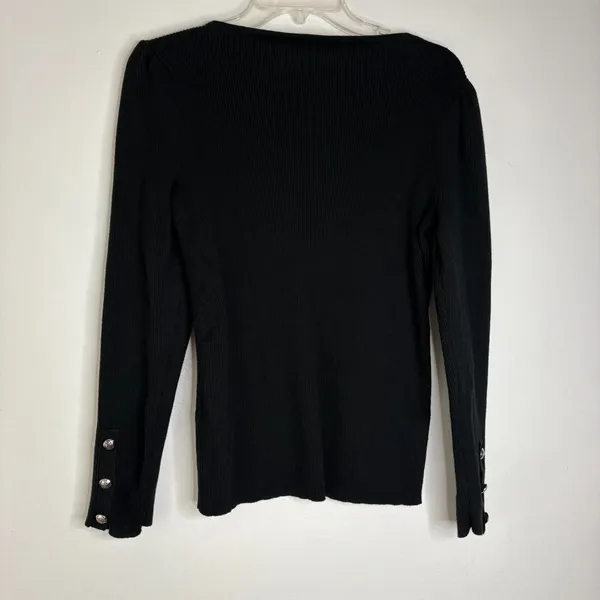 Lauren Ralph Lauren Black Ribbed Knit Long Sleeve Top M Silver Crest Button Cuff - Image 3