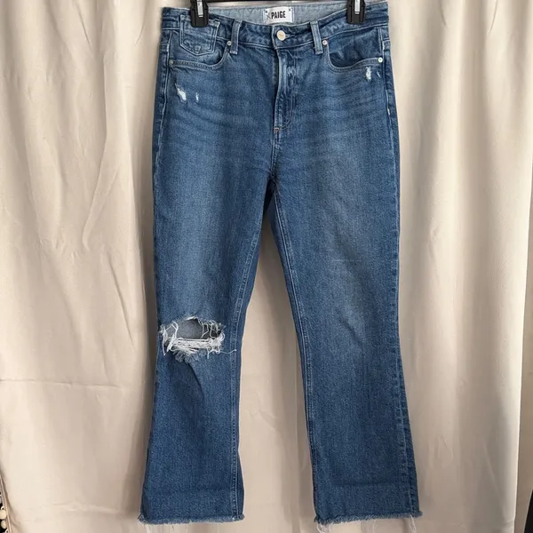 PAIGE Colette‎ Crop Flare Jeans Blaine Destructed Medium Wash Distress 28 - Image 3