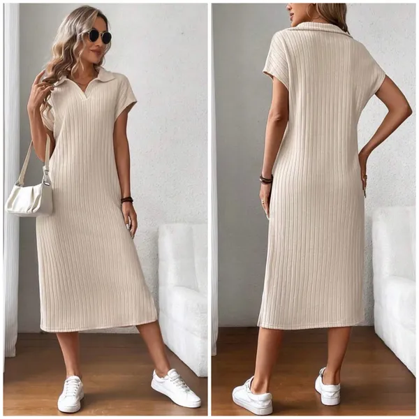 SheIn Cream Midi Fleece Texture Collared Dress Small - Image 7