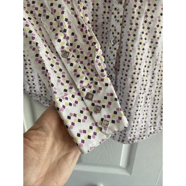 Ariat Western Pearl Snap Shirt Womens M Purple Yellow Diamond Print Cotton Top - Image 4