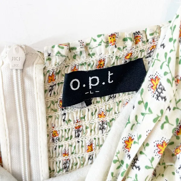 O.P.T Square Neck Short Puff Sleeve Floral Cotton Lined Midi Dress Cream Large - Image 2