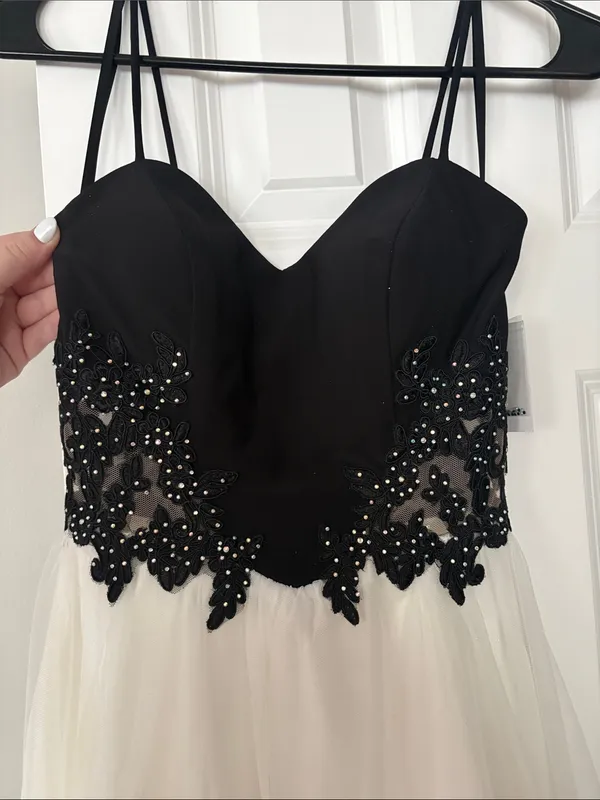 Black and White Beaded Bodice Spaghetti Strap Prom Dress - Image 4