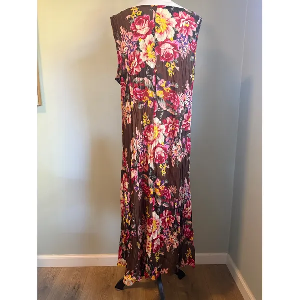 Vintage Floral Crinkle Maxi Dress L boho‎ whimsi dainty beach Brown Sleeveless - Image 4