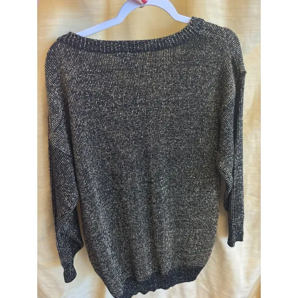Jamie Scott‎ Vintage Black Gold Metallic Shimmer V-Neck Knit Sweater Small - Image 2