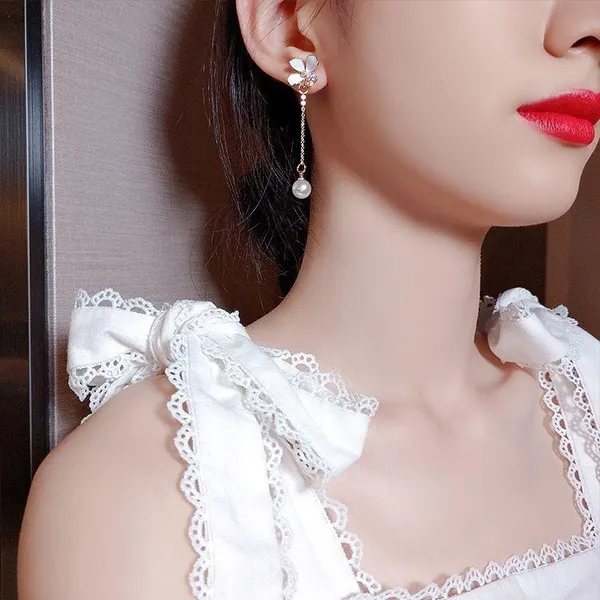 Women's White Pearl Long Tassel Dangle Drop Earrings - Image 5