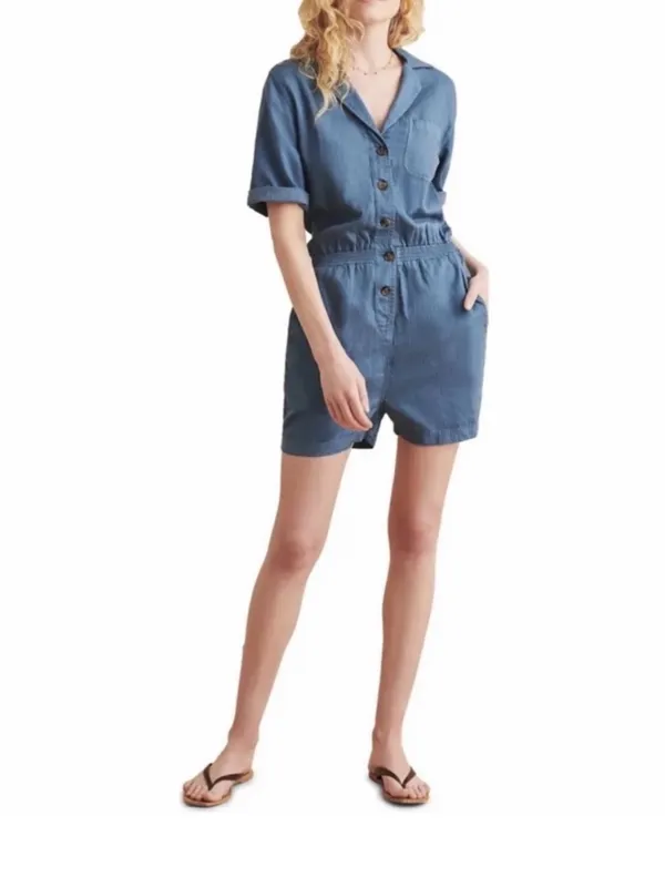 Faherty Arlie Romper Stormy Seas Blue Tencel Linen Button Front Size L - Image 2