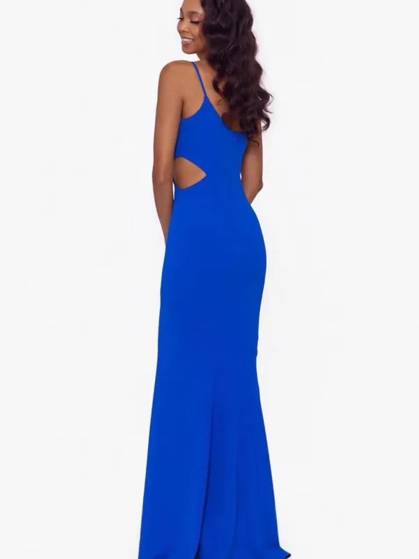 Betsy & Adam One-Shoulder Cobalt Blue Cutout Evening Gown - Image 2