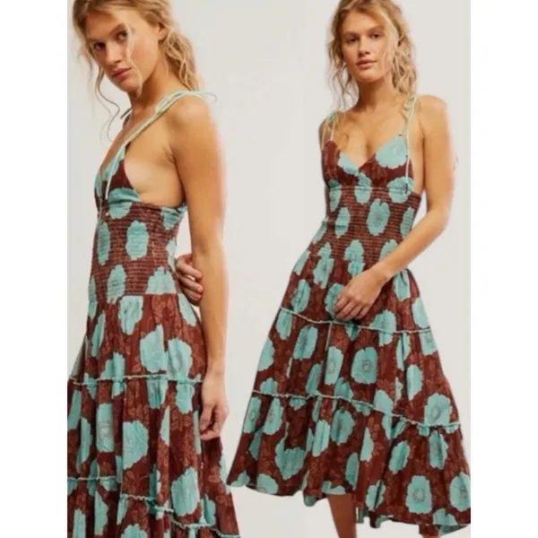 Free People Bohemian Beachy Hawaiian Adriel Midi Dress Brown Blue Floral Small - Image 2