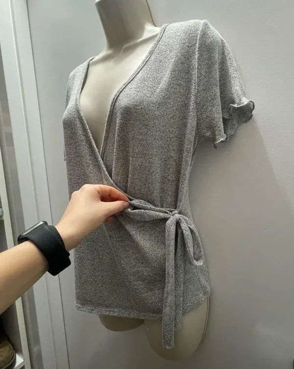 Caution to the Wind Asymmetrical Self-tie Gray Top - Image 7
