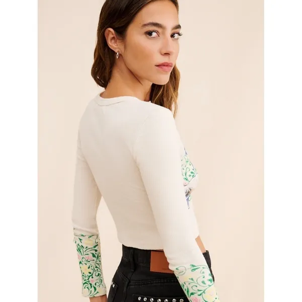 Daydreamer ELTON JOHN FLORAL POINTELLE Ribbed LONG‎ SLEEVE Crop Top M - Image 2
