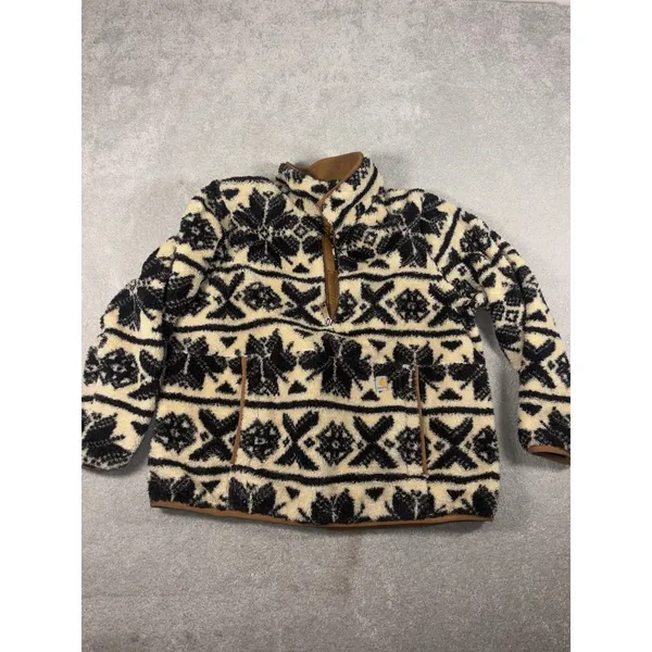 Carhartt‎ Women's Loose Fit Fleece Pullover Oat Milk/Black Fairisle Size L - Image 2