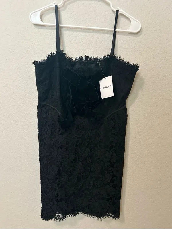 Forever 21 Eyelash Lace Bow Mini Dress Black Spaghetti Strap NWT Size XL - Image 4