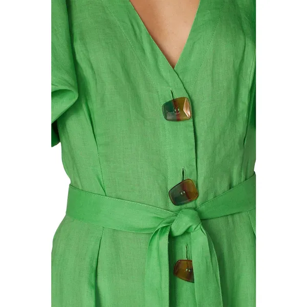 Nicholas Troy Green Linen Button Front Tie Waist Short Sleeve Dress Size 4 - Image 7