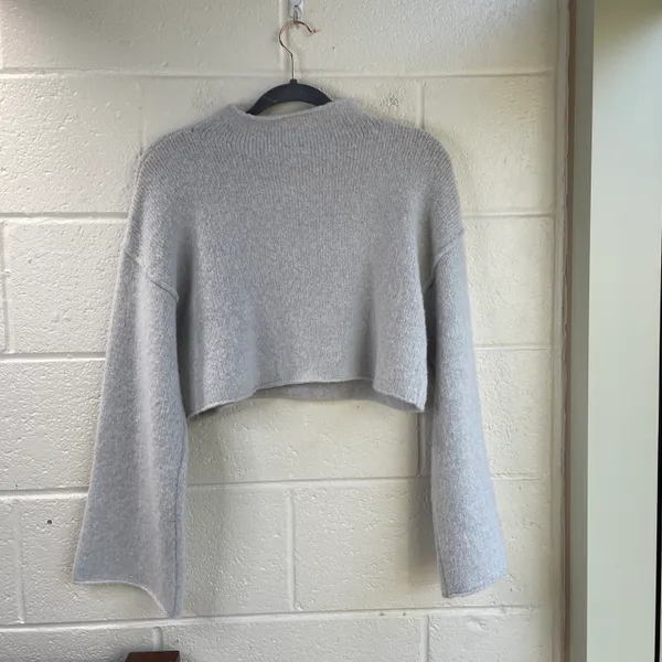 Free People Lost in A Forest Sweater Heather Light Gray Cropped Mock Neck XS - Image 5
