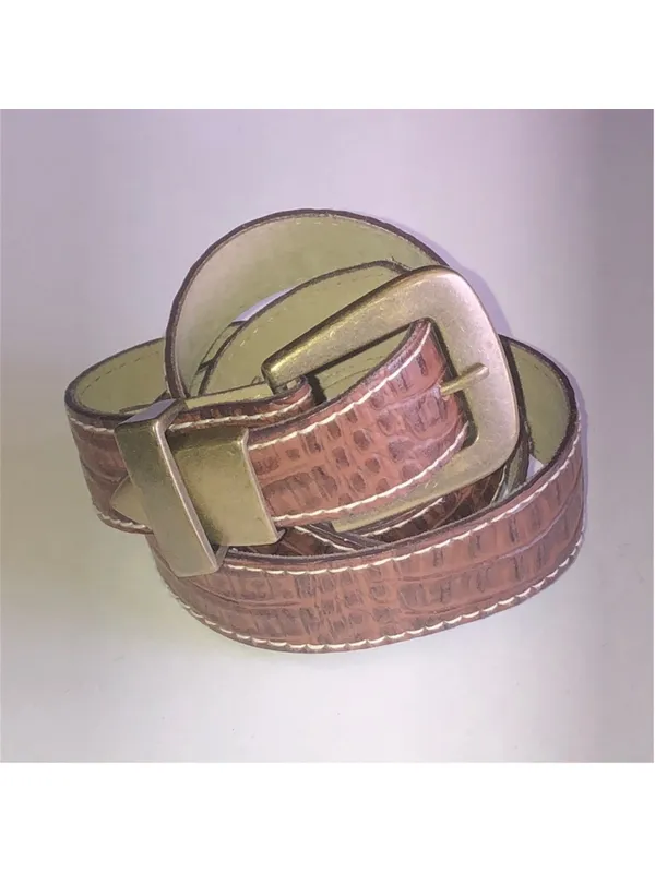 Brown Croc-Embossed Faux Leather Belt with Brass Buckle - Image 2