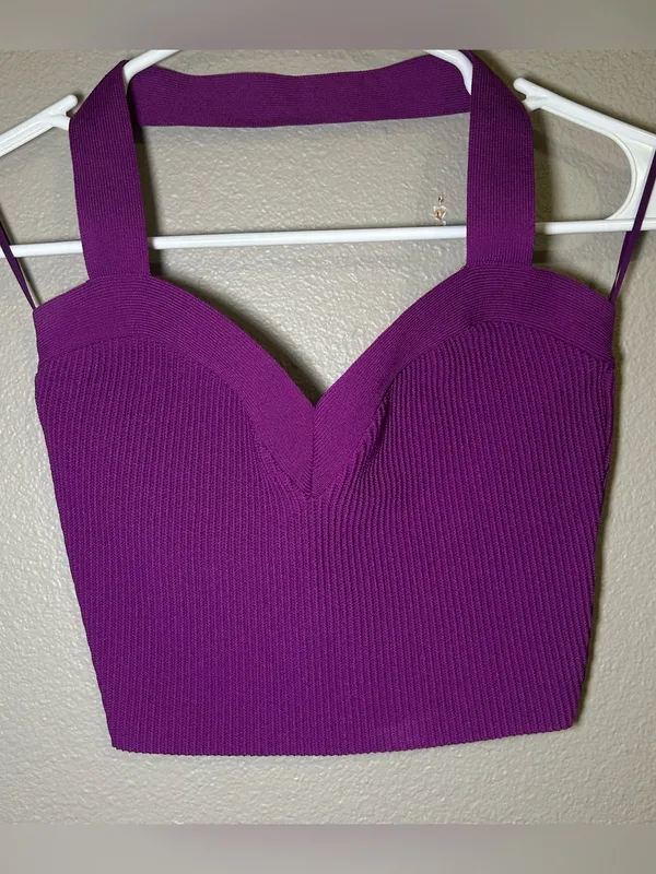 Aritzia Babaton Purple Ribbed Sculpt Knit Cropped Halter Top Women’s Size Small - Image 2