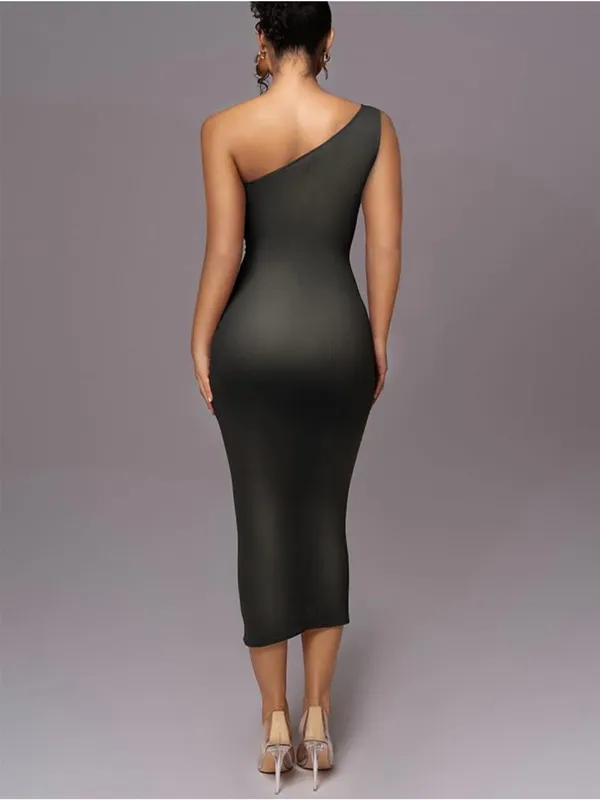 One-Shoulder Black Ruched Bodycon Midi Dress - Image 2