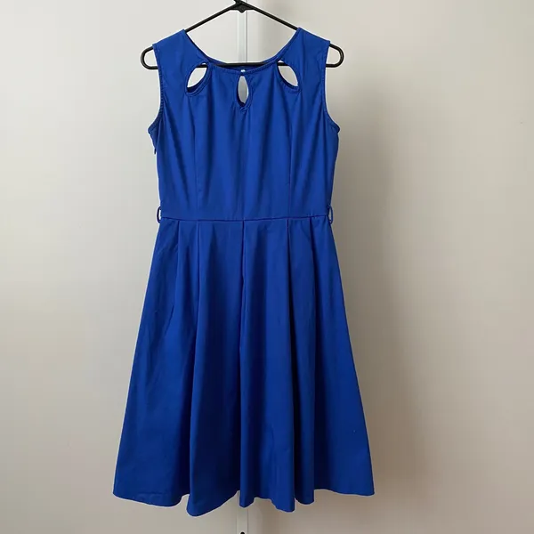 Lindy Bop Cotton Rockabilly Retro Pinup Cutout Pleated Fit Flare Dress S Blue - Image 5