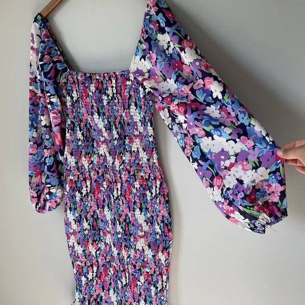 Pink Lily Boutique Floral Print Midi Dress Ruched Bubble Sleeves Size Medium - Image 5