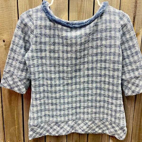 Sara Campbell top small rough texture checkered pattern cotton blend fluffy trim Blue - Image 2