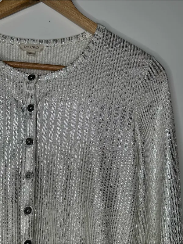 Pilcro Anthropologie Andie Silver Shimmer Ribbed Cardigan Sweater Size M - Image 3