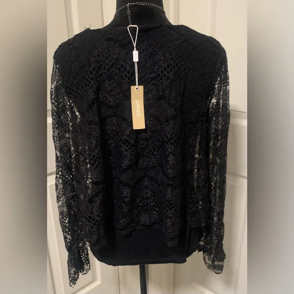 NWT Pointelle Black Lace Long Sleeve Top Elegant Romantic Sheer Floral Blouse - Image 4