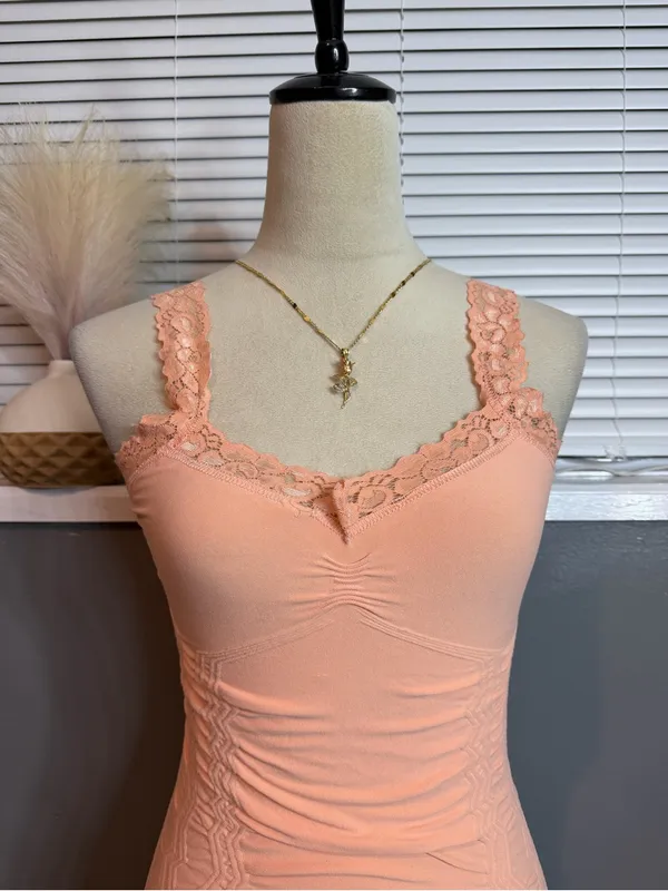 Peach Lace Ruched Fitted Cami Tank Top Small - Image 5