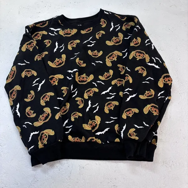 Disney Stitch Black Pumpkin Jack o lantern Bat Sweatshirt Halloween M(7-9) - Image 15