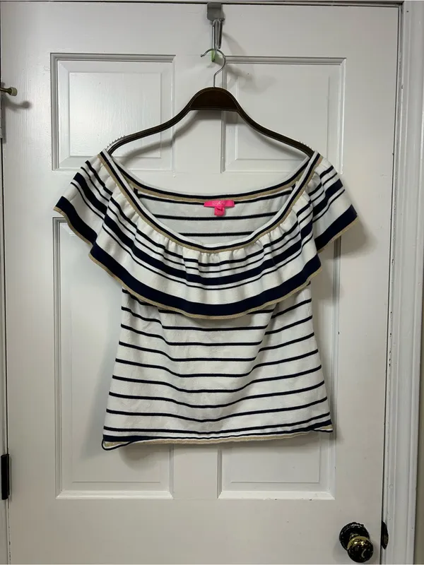 Lilly Pulitzer Navy & White Striped Off-Shoulder Ruffle Tank - Image 4