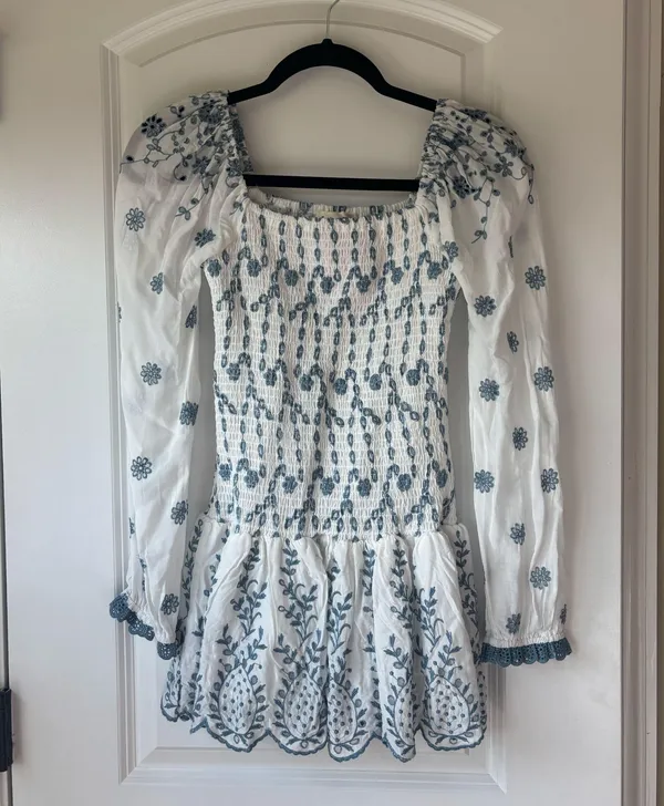 Boutique Blue and White Smocked Mini Dress - Image 3