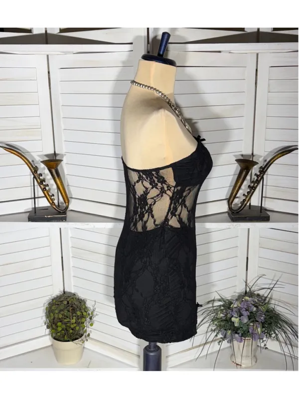 Vintage Y2K mini dress black mesh strapless cut out bodycon clubbing rave punk S - Image 3
