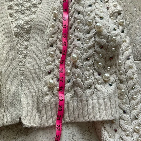 Anthropologie Embellished Pearl Open Cream Cardigan - Image 14