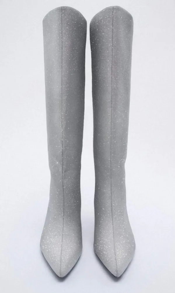 ZARA Silver Rhinestone Heeled Knee High Boots Heels - Image 3