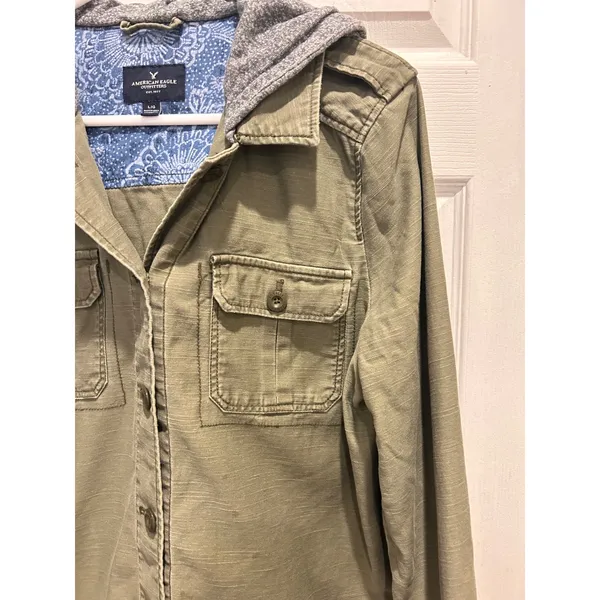 American Eagle Womens Large Olive Green Utility‎ Field Jacket Grey Jersey Hood L - Image 2