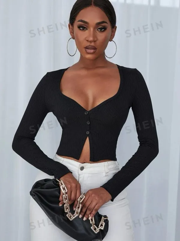 SheIn Ribbed Button Front Crop Top - Image 6