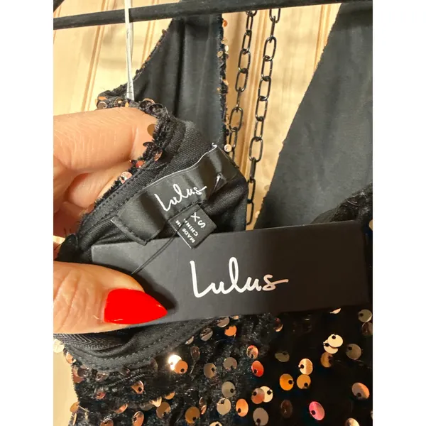 NWT Lulus Mesmerizing Diva Black Sequin Wide-Leg Halter Jumpsuit Party Size XS - Image 8