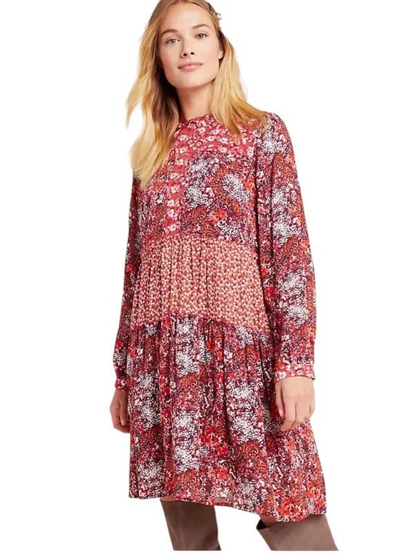 Anthropologie Maeve Esther Tiered Boho Tunic Mini Dress Red Floral Size S - Image 10
