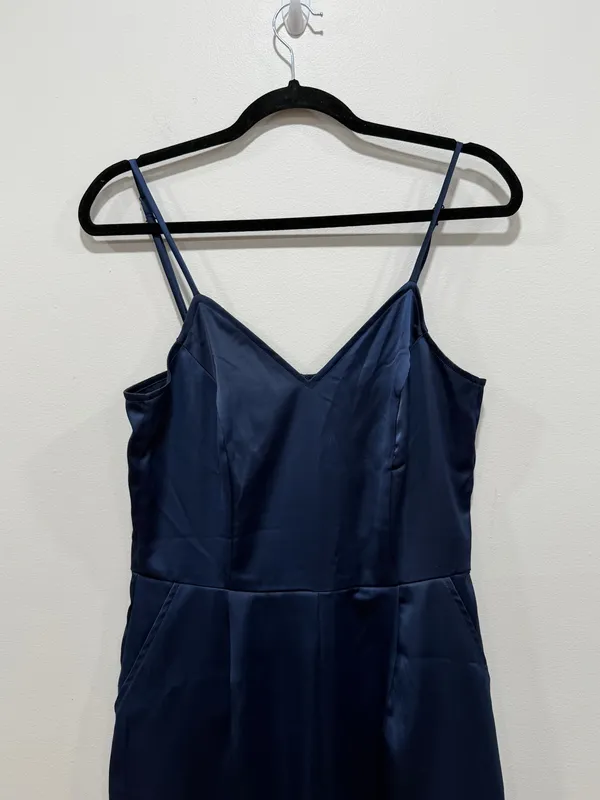 Lulus Navy Satin Jumpsuit Spaghetti Strap Wide Leg Elegant Evening Size medium - Image 3