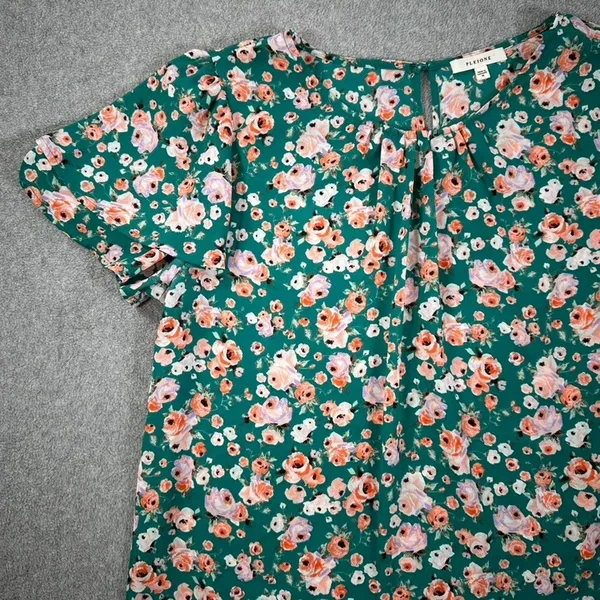 Pleione Green Floral Tiered Flutter Sleeve Blouse Women's Medium Round Neck - Image 4