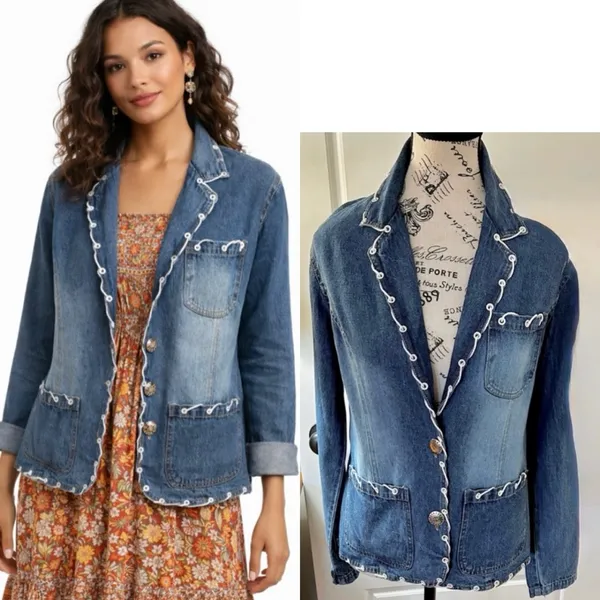Vintage New Identity Denim Jacket Boho Lace Trim Button Front Cotton India~ M💛 Blue Size M - Image 14