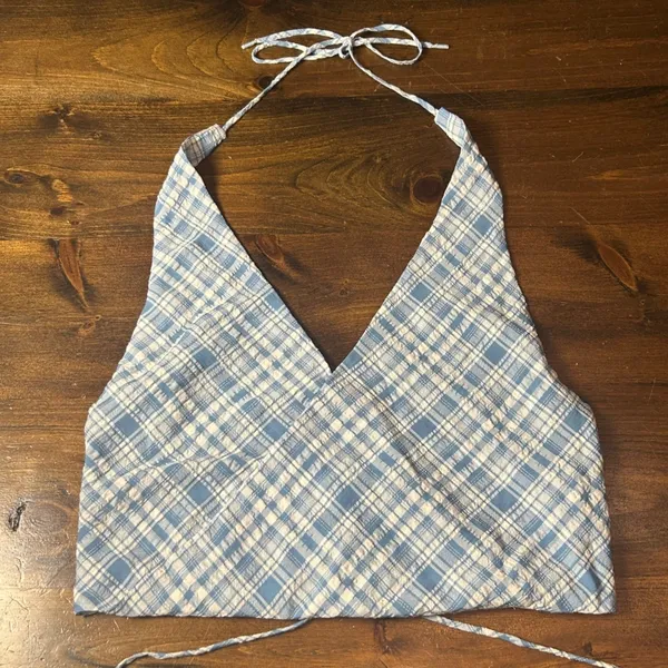 Free People Traymore Plaid Halter Top Medium Cropped Boho Wrap Summer Beachy - Image 2